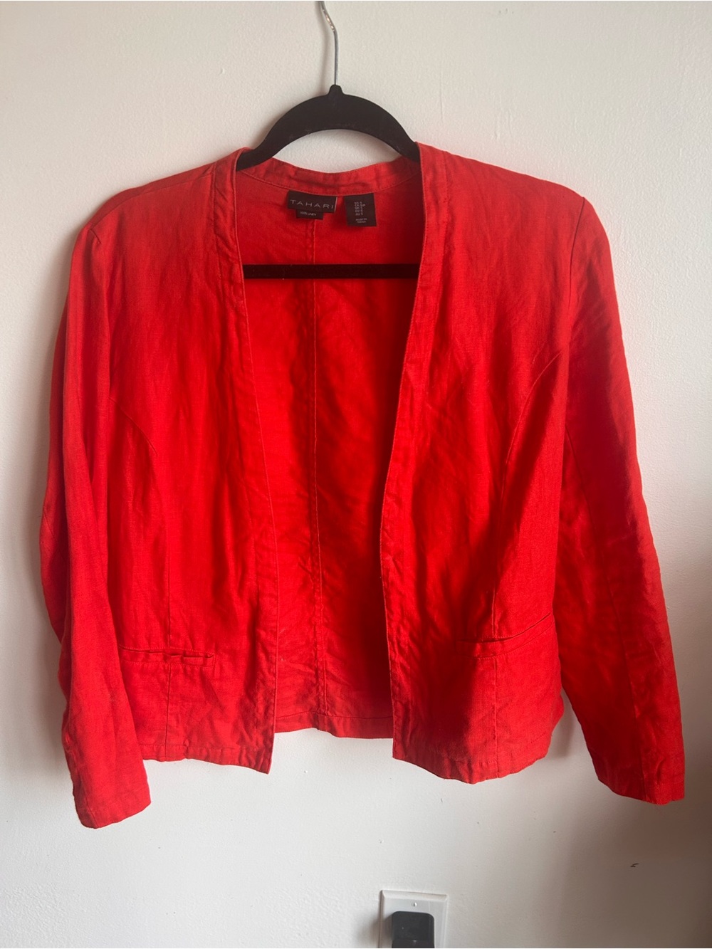 Tahari Open-Front Red Linen-Blend lightweight Jacket